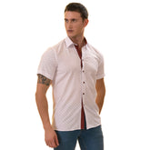 White Printed Shirt | White with Burgany Printed Paisley  Short Sleeve Button up Shirts - Tailored Slim Fit Cotton Dress Shirts